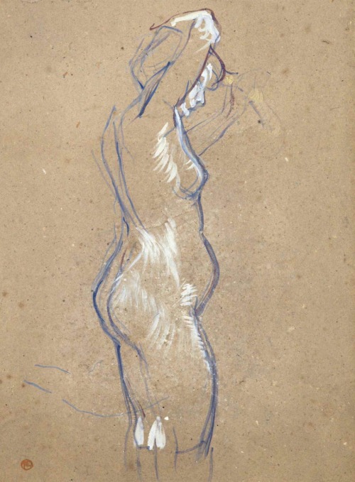 Femme nue de profil et se coiffant.1896.Watercolor and gouache on board.55.7 x 41 cm. (21.75 x 16.14