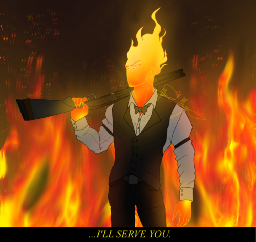 young-creative-pixels:  ”…I’ll Serve You.”well, someone pissed him off. holy HELL i finished it!!! first time drawing Grillby! (yes i know shotguns aren’t entirely a THING in Undertale. but hay! it works! :D)just managed to get this done before