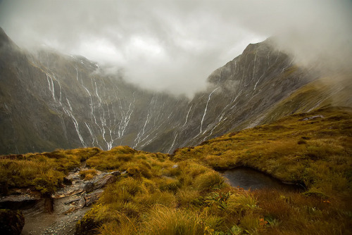 Waterfalls up on Mackinnon Pass | Milford Track, New Zealand. by cookiesound on Flickr.