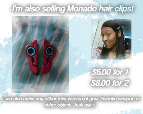 clarissadixonsart:  That’s right! I’m taking monado commissions! I’m offering two different types: Switchable and solid. Each are made of foam, primed, painted, and sealed. The inner circular piece is made of clear plexiglass. It comes blank, but