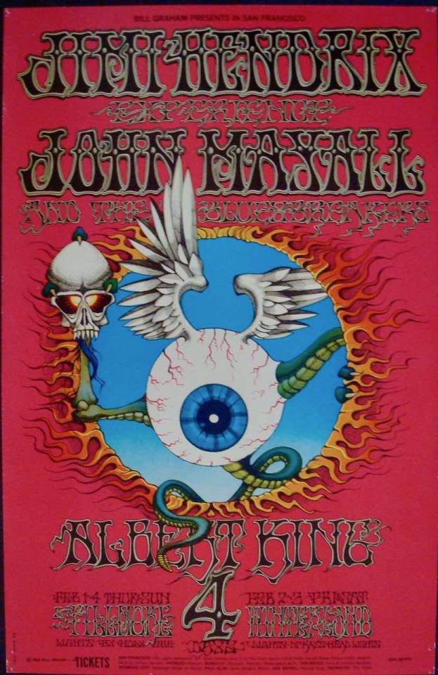 JIMI HENDRIX San Francisco concert poster (1968) - The EYE POPPIN’ ART OF RICK GRIFFIN (Part 1/10)RICK  GRIFFIN is one of the most genial visual Artists from the 20th century having designed hundreds of posters and record covers in the mid 60′s to late 80′s before he passed away in 1990 in a bike accident.Thru a selection of 10 posters culled from the Gallery’s collection, we wish to honor his Art.One of San Francisco’s psychedelic scene’s BIG FIVE (along with Victor Moscoso, Wes Wilson, Alton Kelley and Stanley Mouse), Griffin and his friends defined the psychedelic Art and revolutionized the Art of concert postersFilled with esoteric visions (scarabs. beetles, skulls, sex...) Griffin incorporated very intricate lettering into the poster arts making it actually indecipherable forcing the viewer / concert goer to stop and pauseHaving been face scarred with an eye dislocation during a car accident, Griffin spread his Art with eye including in hois most famous piece, dubbed the Flying Eye, created for Jimi Hendrix’s 1968 Fillmore West and Winterland shows in San Francisco (BG 105 in the Bill Graham Fillmore poster series)The poster is the most well known masterpiece from the BIG FIVE’s most ‘out there’ Artist who left us too soonAll our RICK GRIFFIN posters are hereALL OUR JIMI HENDRIX POSTERS ARE HERE If you like this entry, check the other 9 parts of this week’s Blog as well as our Blog ArchivesAll our NEW POSTERS are hereAll our ON SALE posters are hereThe poster above courtesy of ILLUSTRACTION GALLERY #illustraction gallery#illustraction#rick griffin#Jimi Hendrix #The Flying Eye  #Rick Griffin concert poster  #Jimi Hendrix Concert poster #John Mayall#Albert King#Bill Graham#Fillmore West #Fillmore concert poster #BG 105#vintage#1968 #Psychedelic concert poster #Music#Art