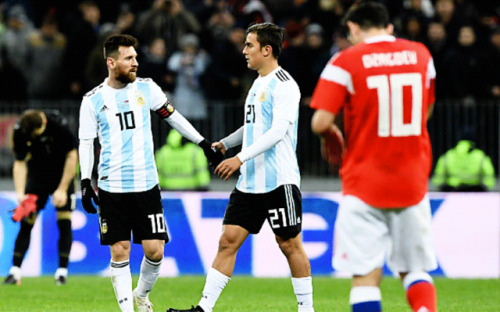 paulodybalasource:Paulo Dybala and Lionel Messi during an international friendly football match betw
