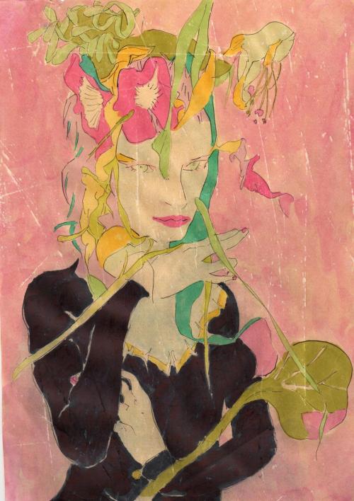 Mit Senoj aka Tim Jones (Welsh, b. 1961,  Wales, UK) - Pink Lady, 2015  Ink, Watercolors, Shellac on
