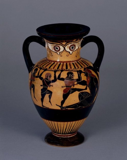 didoofcarthage:Black-figure neck-amphora with Odysseus and companions blinding Polyphemus, attribute