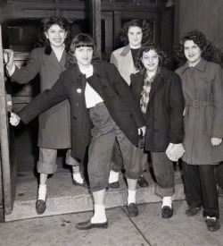 thesassyswingdancer:  Girls being kicked out of school for wearing slacks; 1946 