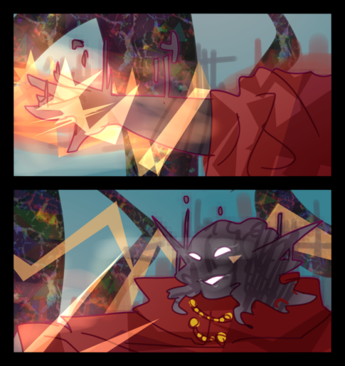 kesterite:LUP BLASTS THE HUNGER [image description: a two-panel comic featuring Lup in her lich form