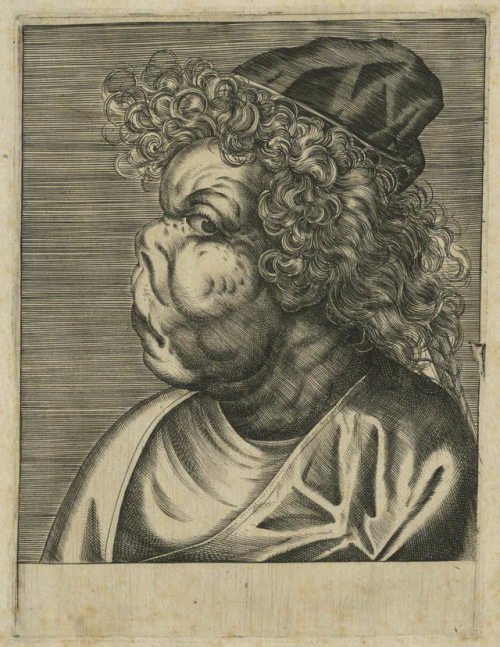 Engraved portrait of a Tatar man with a grotesque face (Germany [?], 1568).  Hewears a helmet, armou