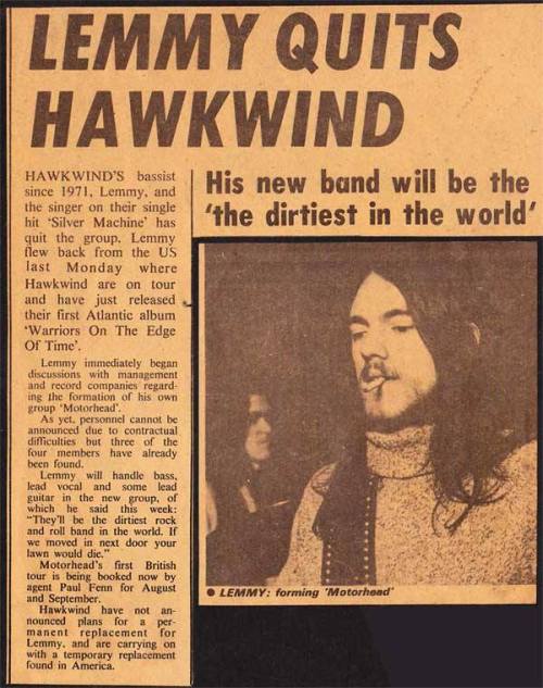 superseventies:Lemmy quits Hawkwind to form Motorhead, 1975.