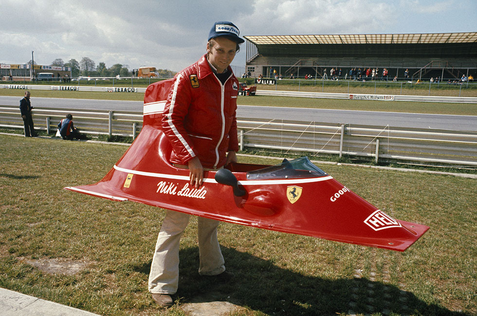 peterfromtexas:  Young Niki Lauda playing with some F1 bodywork next to a racing