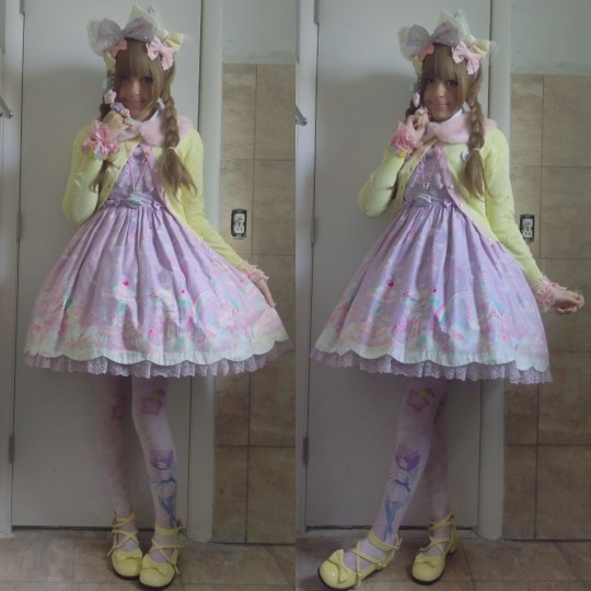 pinkymaggie: Wearing Milky Planet today! I wanted to go more fairy kei-ish with this coord and match lavender with yellow! To top it all off, I have my Creamy Mami tights which I love so much!! 💖 