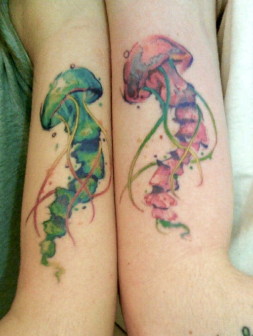 Me and my bf got matching jellyfish tattoos (mine&rsquo;s the green/blue one) the other week to 