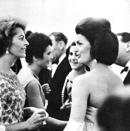 Jacqueline Kennedy and Mme. Nicole Alphand (wife of the French Ambassador) at the opening of the Mon