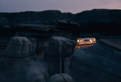 Natgeofound:  A Mobile Home Shines Amid Eerie Rock Formations In Alberta, Canada,