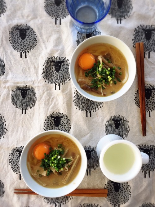 昨日の味噌煮の味噌でうどんの朝ごはん。今日はいい天気です。