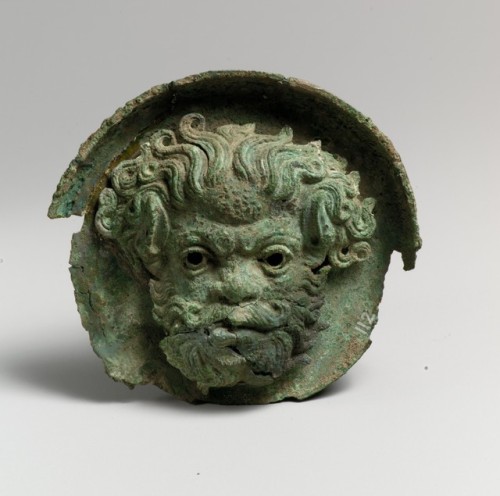 Pair of silvered bronze phalerae (decorative bosses for a horse’s bridle) with satyr headsGreek (pos