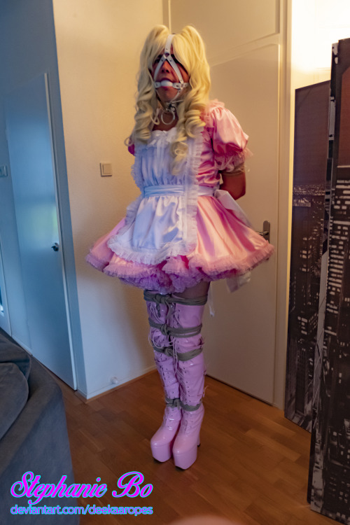 Pink Sissymaid Stephanie Bo standing in the Corner, Bound and Gagged.Not going anywhere.