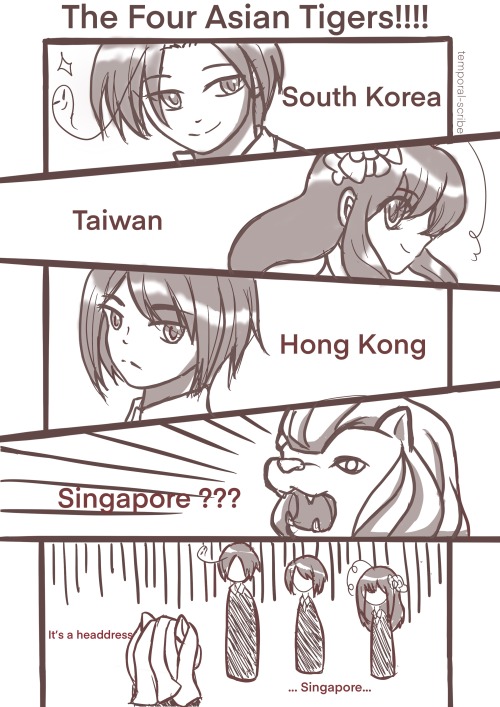 Once, I wanted to draw a group pic of the Asian Tigers but was halted by there being no canon Singap