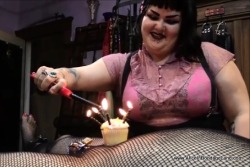 I have been wanting to attempt a CUPCAKE OF DOOM ever since I was introduced to the practice at a private femdom birthday play party.We load a cupcake with candles pointing in every direction and then light them all up at once. The extra weight makes