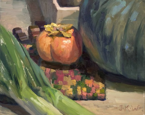 &ldquo;Persimmon in the Kitchen&rdquo; 8&quot; x 10&quot;oil on hardboard, 2020 I cr