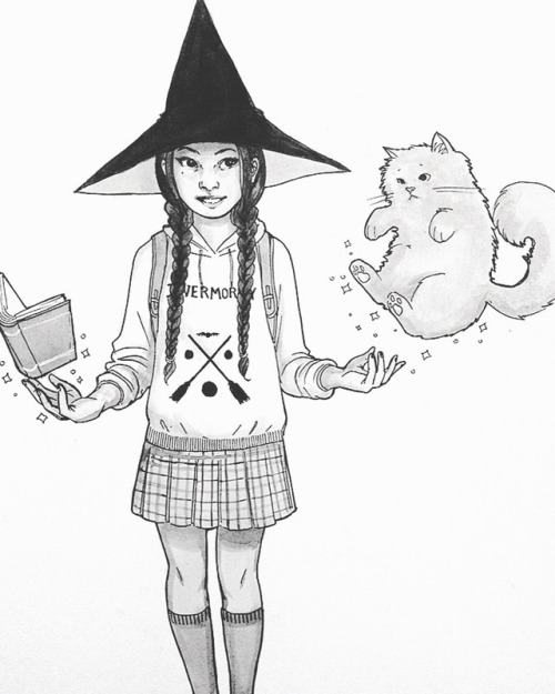 Aaya’s cat is helping her study for charms! Student witch prompt I did for inktober