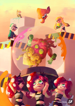 seanhicks:   Here is my Team Octoling piece that I made for the Turf War Zine! Please protect our fellow, precious Octolings from the evil Inklings. Was an honor to be a part of it, and make art for a good cause! Twitter     Facebook     &gt; .&lt;