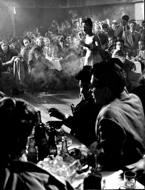 historicaltimes: Billie Holliday performing at Cafe Society, NYC’s first intergrated nightclub, 1947