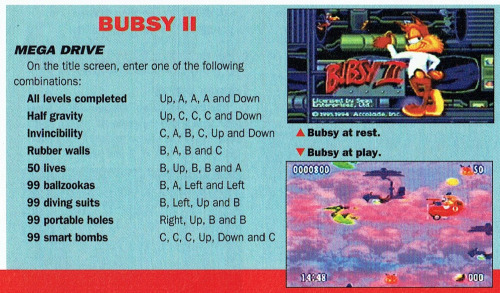  SEGA Megazone #55, Sep 95 - Cheats for ‘Bubsy 2’ on the Mega Drive. 