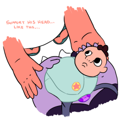 spatialheather:  “Just Sleeping”Amethyst holds baby Steven for the first time… but is still quite unnerved by the loss of Rose… And look at that, Steven’s already teaching her new things. Companion piece to this one with Pearl   ; u; another