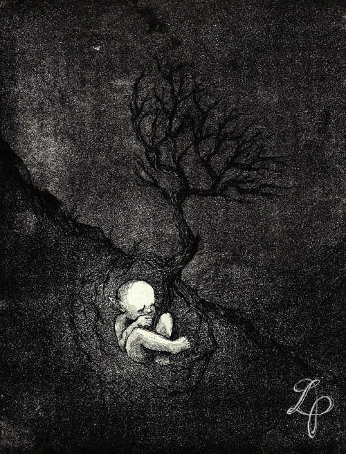 Maan väki / In the womb of the ground, 16cm x 12cm, etching & aquatint by Linda Piekäinen