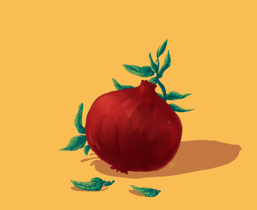 [ID: digital painting of a pomegranate casting shadows on a yellow background. green leaves stick ou