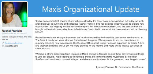 More Staff ChangesRachel Franklin joins the long line of management changes at Maxis since the Sims 