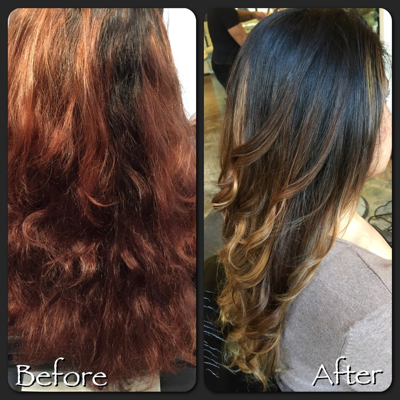 Hair by Rachel Dillon — Brassy brown to a dramatic Balayage highlight