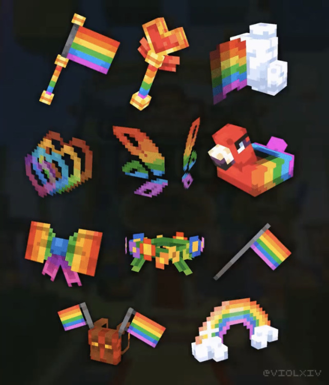 A rainbow set including a flag, wand, cloud, hearts, wings, flamingo ring, bow, flower crown, a smaller flag, a backpack with 2 flags, and a rainbow.