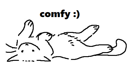 aroadamparrish:[ID: A digital line drawing of a cat laying on its back. Above it is written, “comfy 