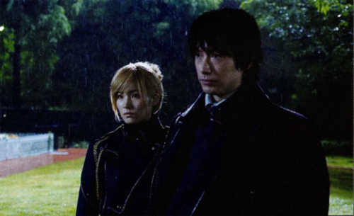 Movie stills of Roy Mustang (Dean Fujioka) and Riza Hawkeye (Renbutsu Misako) ft. Edward Elric (Yama