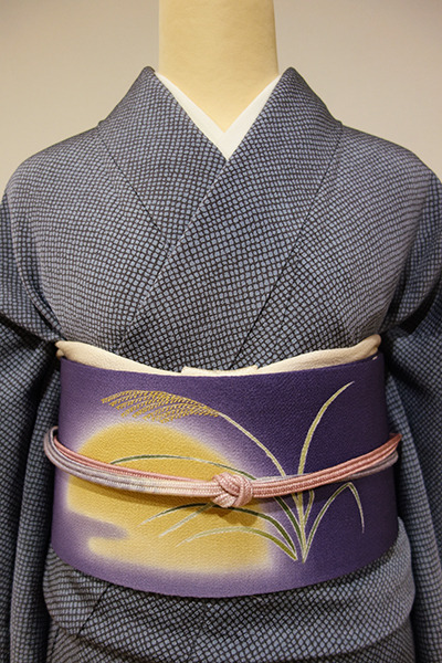 Cute Fall obi, showing chirimen applique moon rabbits playing among yuzen dyed susuki grass. Even dy