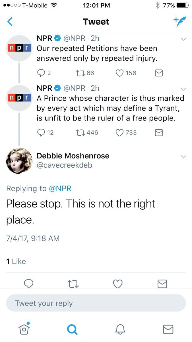 #1yrago Trumplings triggered by NPR's July 4 tweets of the Declaration of Independence