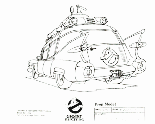 Model sheets for the Ghostbusters vehicle, the Ecto-1. The recognizable car (a converted 1959 Cadill