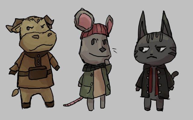 Artemy, Clara, and Danil from Pathologic drawn as animal crossing characters. Artemy is a bull, Clara is a mouse, and Danil is a black cat.