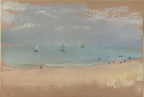 Au bord de la mer, sur une plage, trois voiliers au loin = At the Seashore, On the Beach, Three Sail