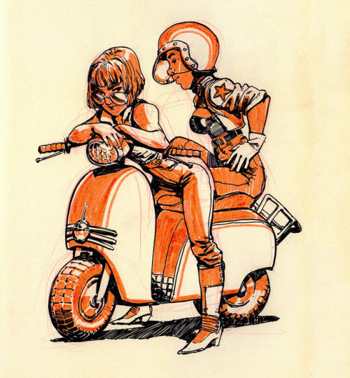 This was just a sketchbook doodle that got out of hand. Marianne and Penny being cute on a Vespa.