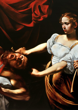 c0ssette:  Le Caravage, Judith décapitant Holopherne.1598-1599.Detail. Judith Beheading Holofernes is a work by Caravaggio, painted in 1598-99. The widow Judith first charms the Assyrian general Holofernes, then decapitates him in his tent. 