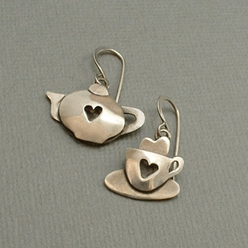 Far Fetched STERLING Teapot Cup HEART Earrings Minimalist Dangles SIGNED Retired Hallmarked, Gift fo