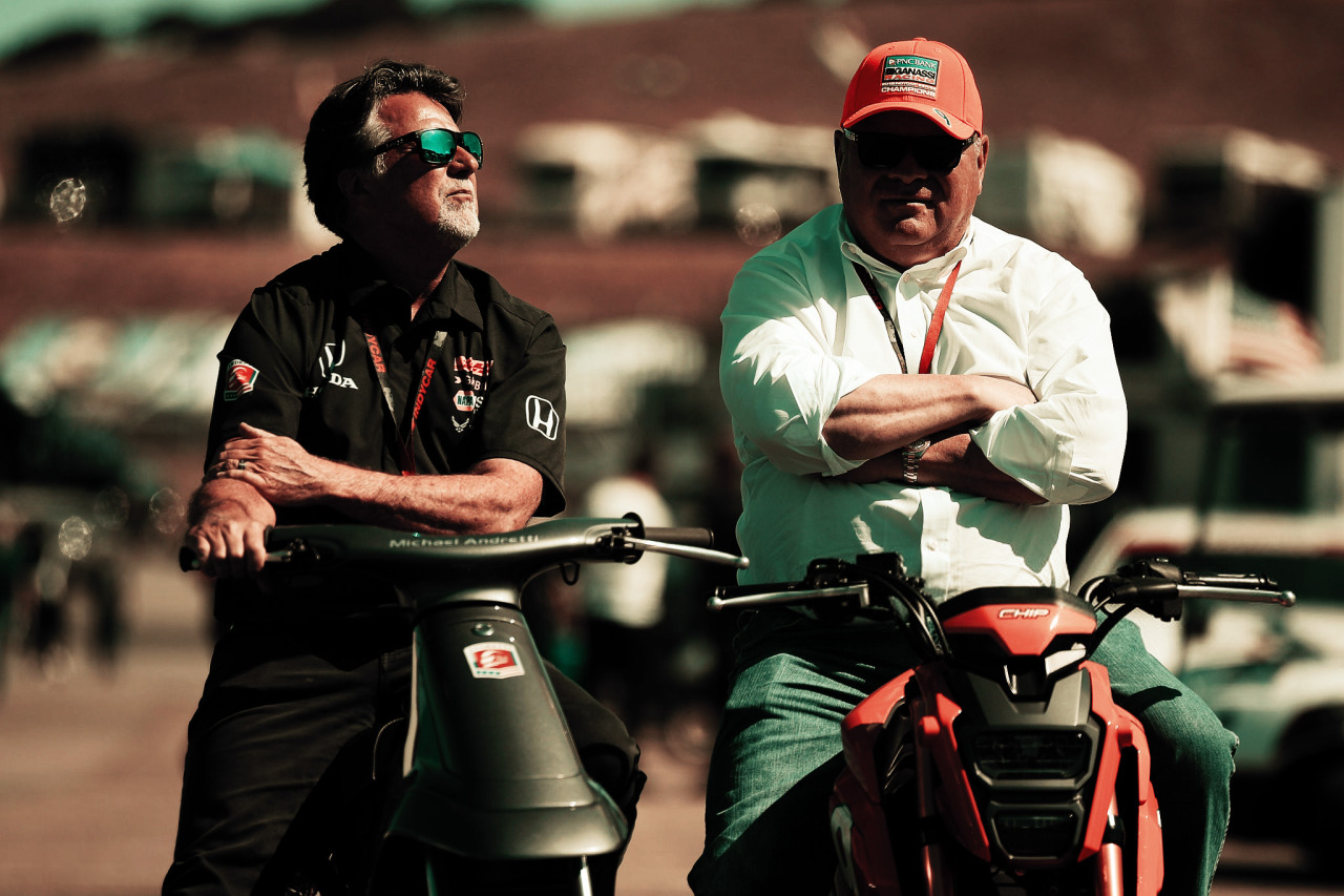 their scooters have their names on ‘em (Photo by Chris Graythen) #scrapbooking#indycar #chip ganassi racing #andretti autosport#chip ganassi#michael andretti #im gonna guess #laguna seca #I WAS RIGHT