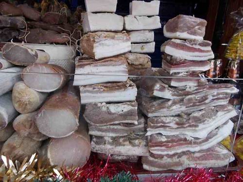 Some meat products that were offered for sale during Christmas market in the city Wroclaw, Poland.