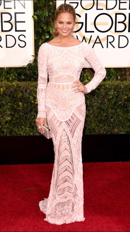 Chrissy Teigen in Zuhair Murad at the 72nd Golden Globes