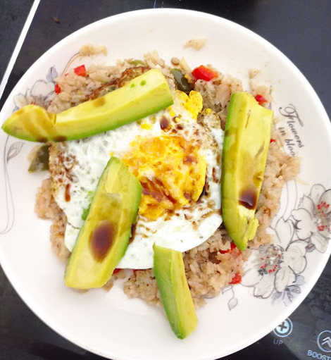 Tuna fried rice - with an egg and avo on top, and a splash of soya sauce