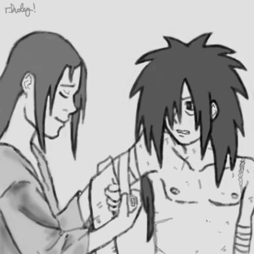 MOAR HOMO :3 I imagined Hashirama humming a tune to himself while patching up Madara, who is trying 