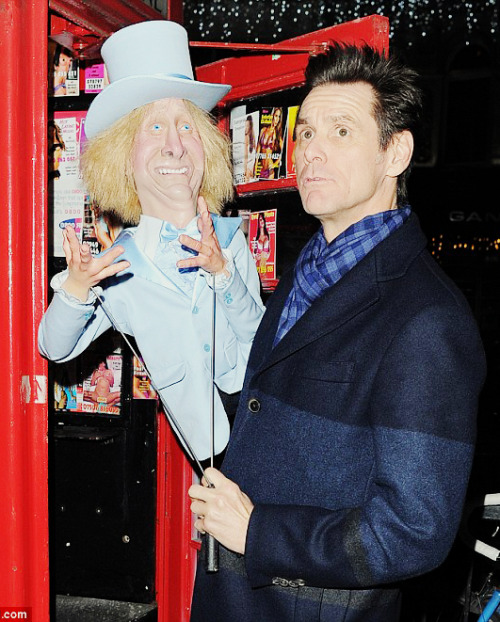 jameseugenecarrey: Jim Carrey and Puppet Jeff Daniels promoting “Dumb & Dumber To” in London (Oc