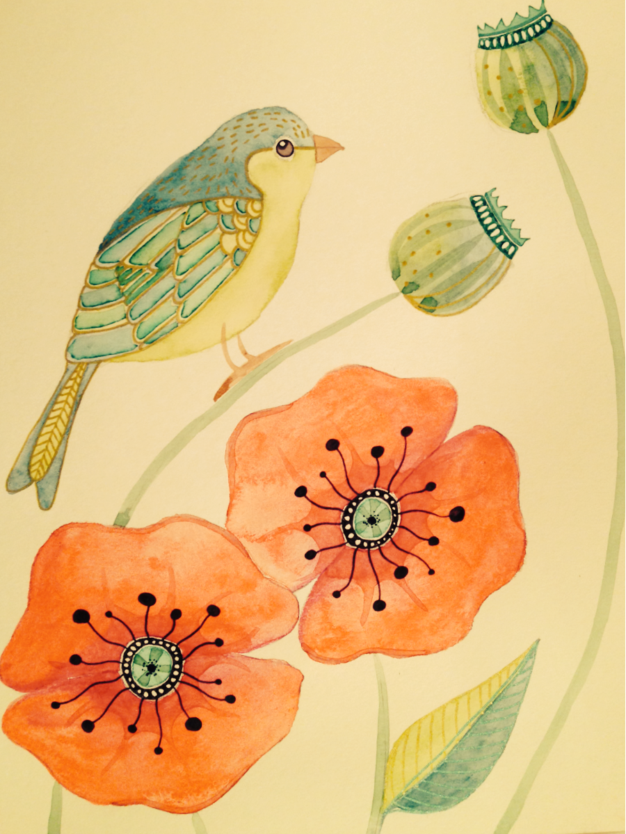 Poppy garden - Wildlife in Inks & Watercolours by Colleen Parker